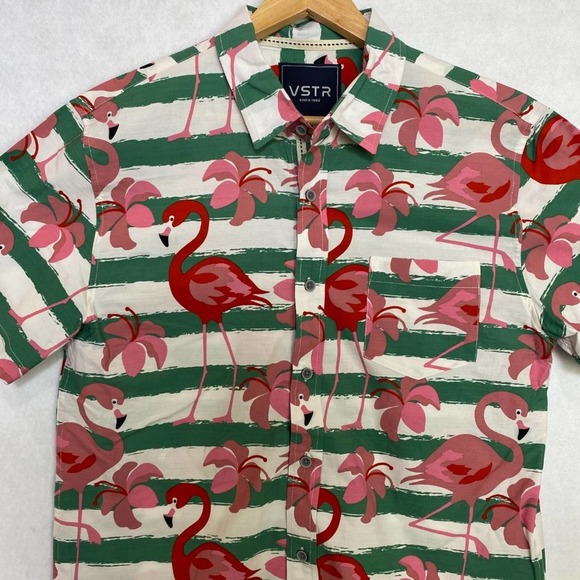 VSTR Button Up Shirt Collar Flamingo Pattern Striped Green White Short Sleeve L - Picture 9 of 9